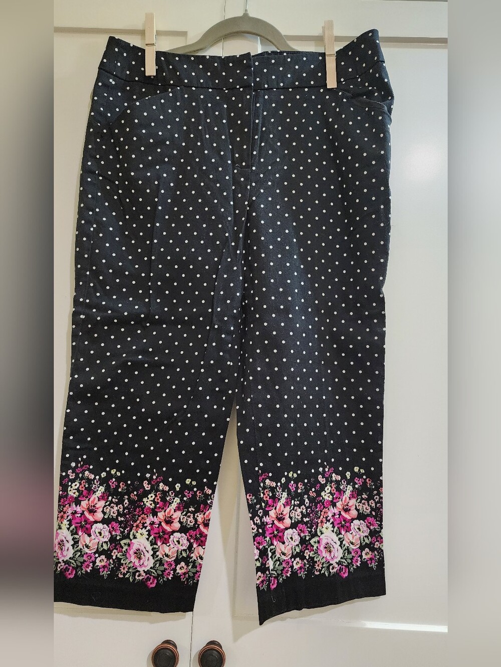 Womens Black Polka Dot Crop Pants with Pink Floral Hem